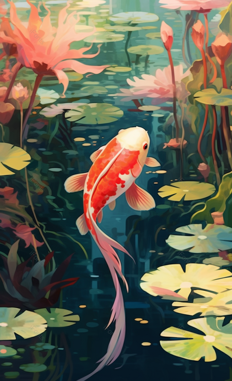 锦鲤鱼莲叶中插画背景绿色节气海报,插画/手绘图,插画/手绘图库,插画/手绘图下载,插画/手绘